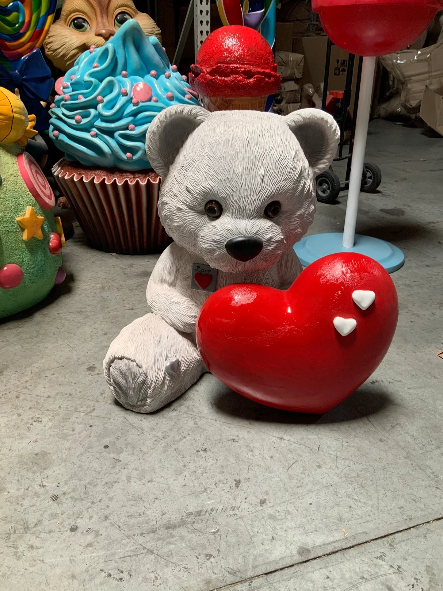 White Teddy Bear With Heart Statue