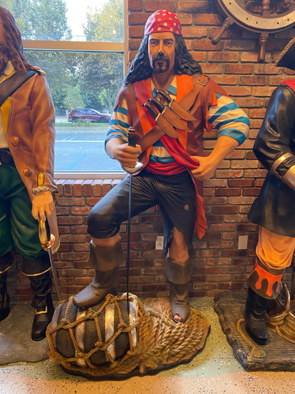 Pirate on Wine Barrel Life Size Statue - LM Treasures Prop Rentals 