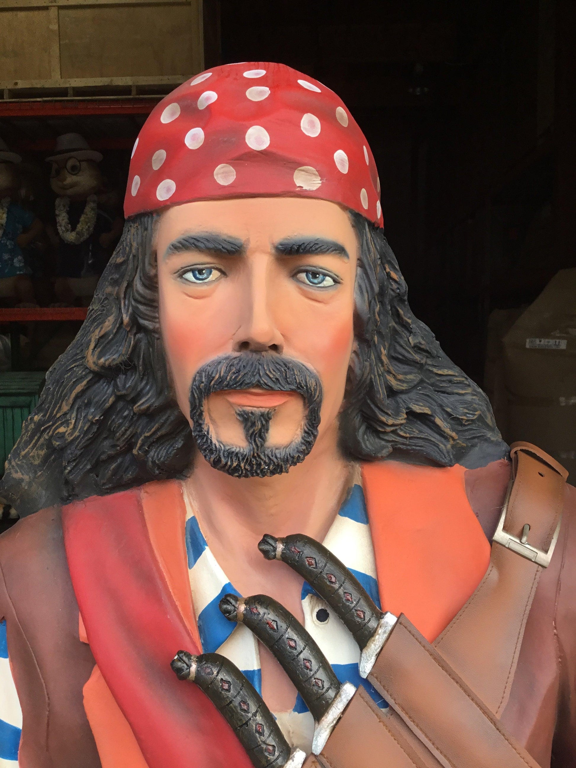 Pirate on Wine Barrel Life Size Statue - LM Treasures Prop Rentals 