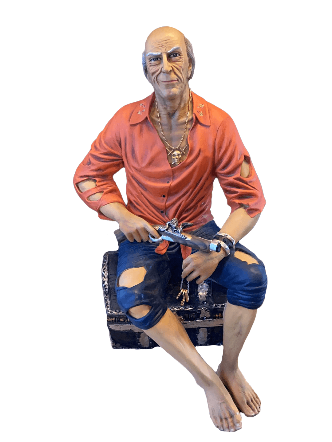 Pirate on Treasure Chest Life Size Statue - LM Treasures Prop Rentals 