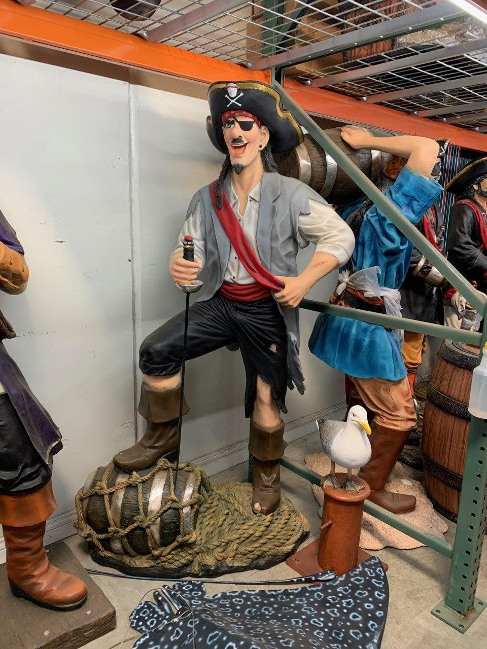 Funny Pirate Standing On Barrel Life Size Statue - LM Treasures Prop Rentals 