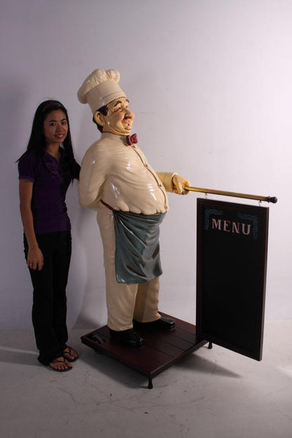 Chef With Rolling Menu Board Life Size Statue