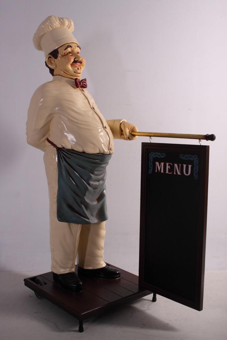 Chef With Rolling Menu Board Life Size Statue - LM Treasures Prop Rentals 