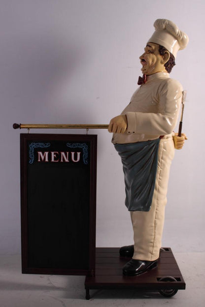 Chef With Rolling Menu Board Life Size Statue