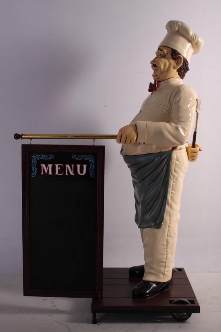 Chef With Rolling Menu Board Life Size Statue - LM Treasures Prop Rentals 
