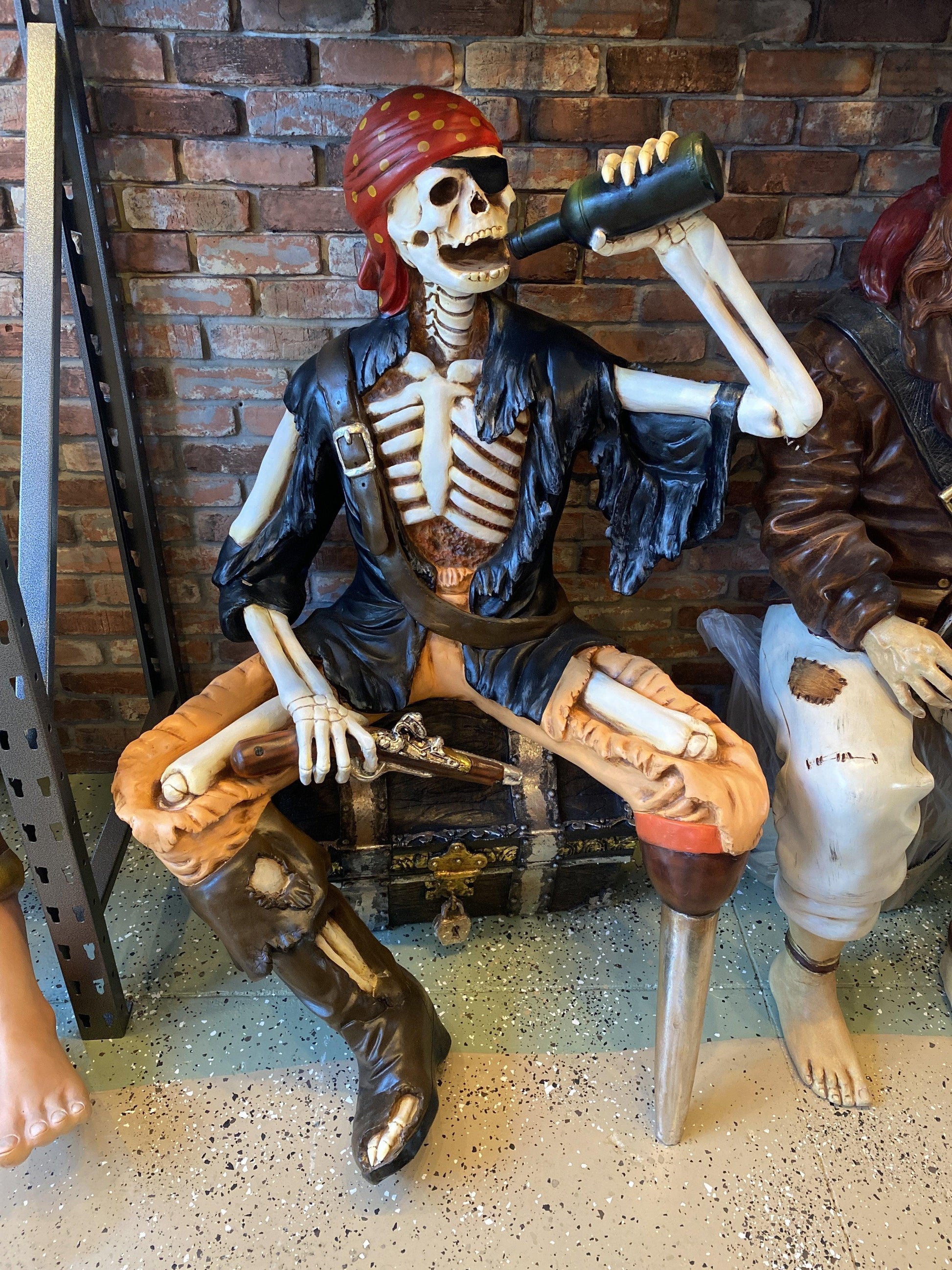 Skeleton Pirate on Treasure Drinking Life Size Statue - LM Treasures Prop Rentals 