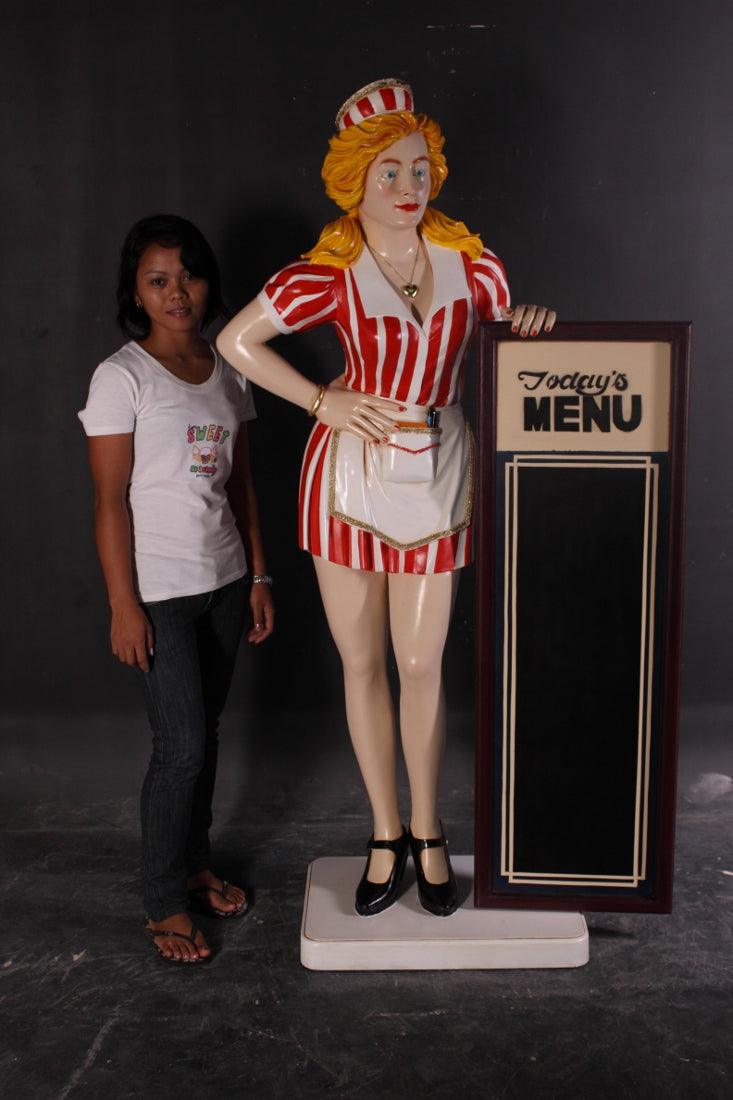 Waitress With Menu Board Life Size Statue - LM Treasures Prop Rentals 