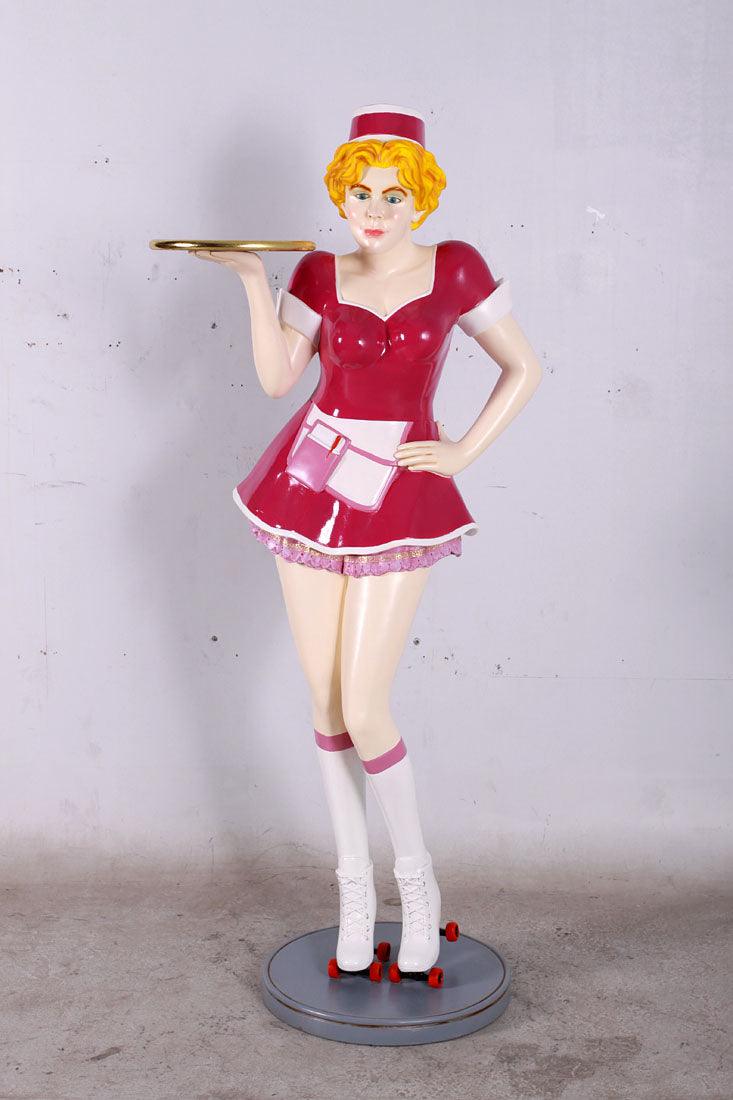 Roller Skater Waitress In Pink Life Size Statue - LM Treasures Prop Rentals 