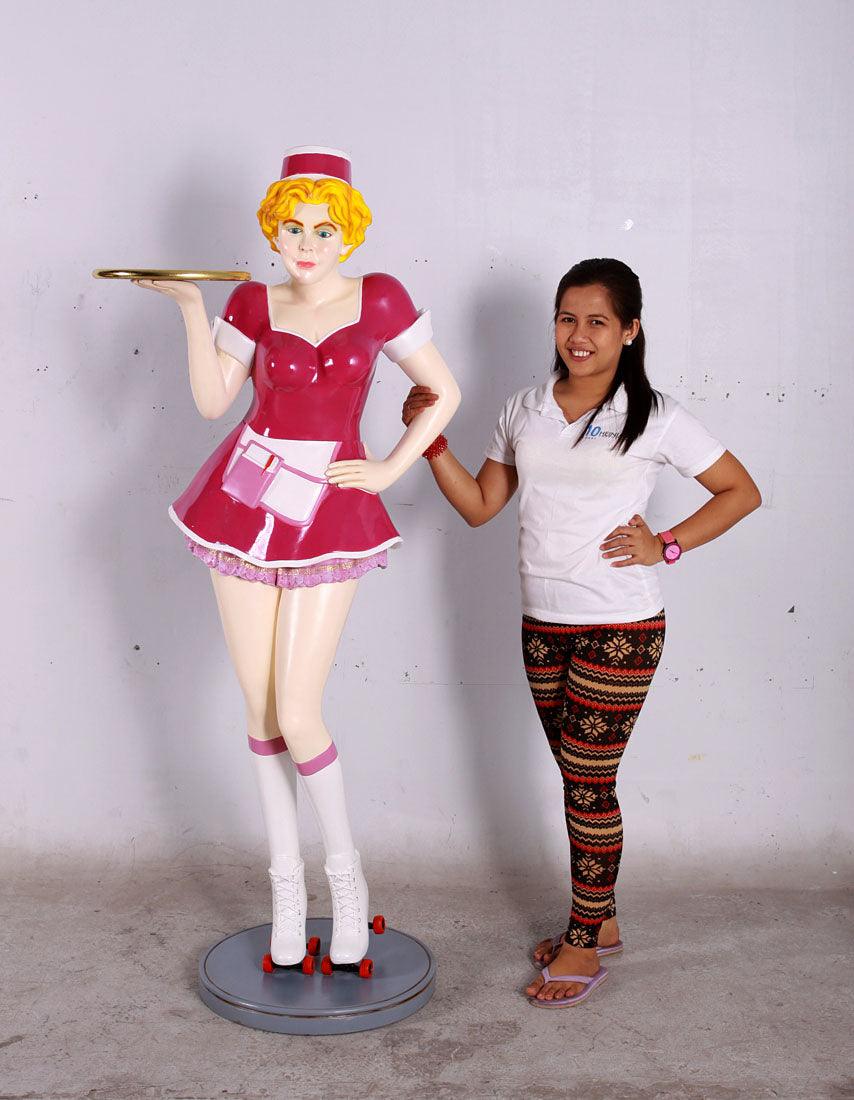 Roller Skater Waitress In Pink Life Size Statue - LM Treasures Prop Rentals 