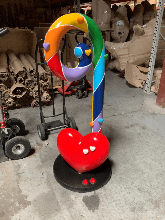 Swirl Rainbow Candy Cane With Heart Statue - LM Treasures Prop Rentals 