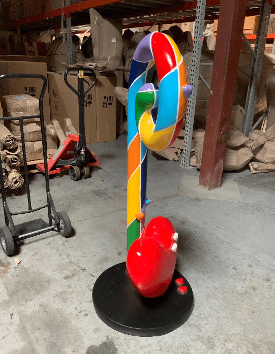 Swirl Rainbow Candy Cane With Heart Statue - LM Treasures Prop Rentals 