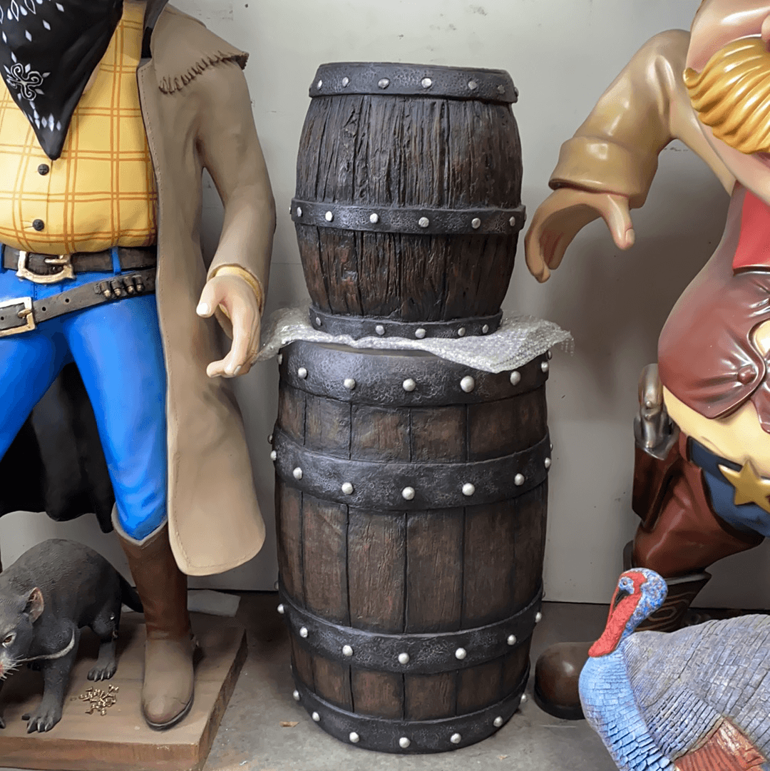 Large Rustic Barrel Life Size Statue - LM Treasures Prop Rentals 